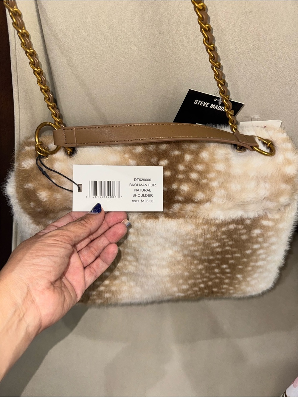 Steve Madden Faux Fur Shoulder Bag in Light Brown and Cream - Picture 5 of 5